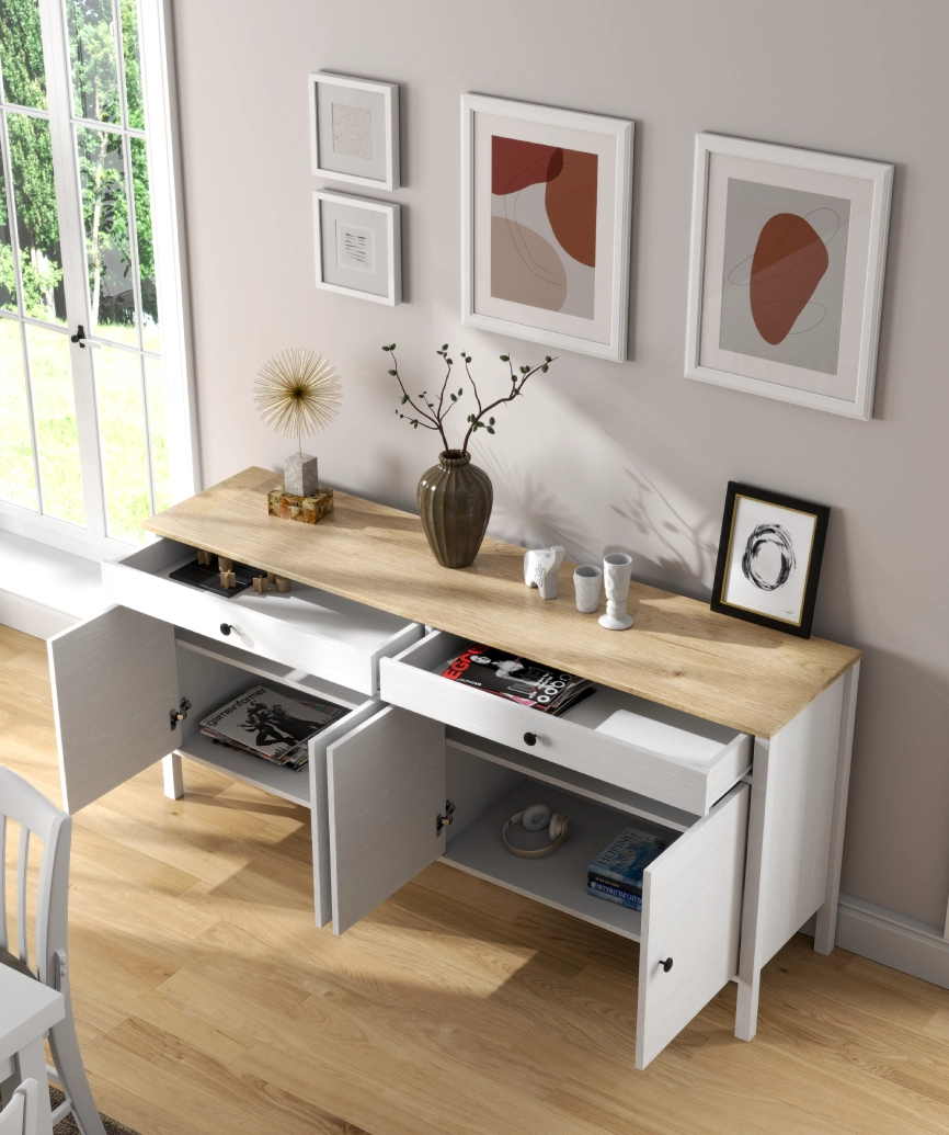 Hunerica Lorena 4 Kapak 2 Çekmeceli Konsol -Wood Beyaz-Minifiks Bağlantılı
