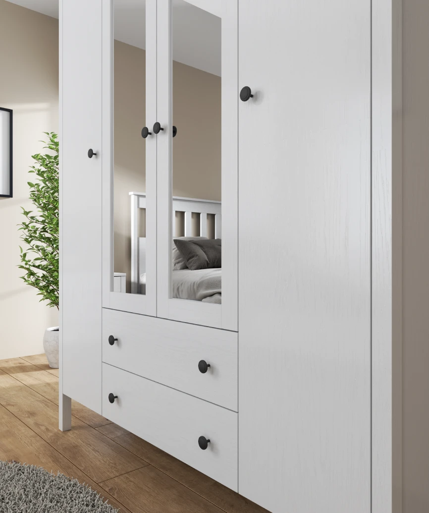 Hunerica Arvena 4 kapılı aynalı Gardırop -Wood Beyaz-Minifiks Bağlantılı