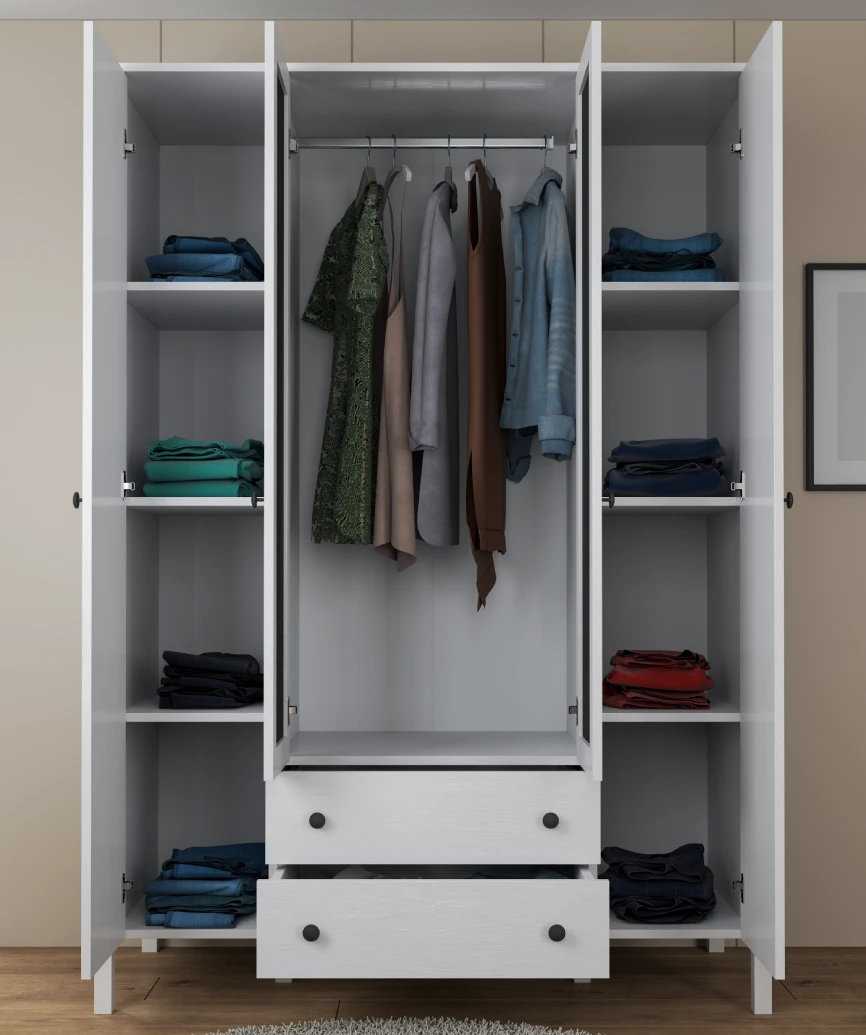 Hunerica Arvena 4 kapılı aynalı Gardırop -Wood Beyaz-Minifiks Bağlantılı