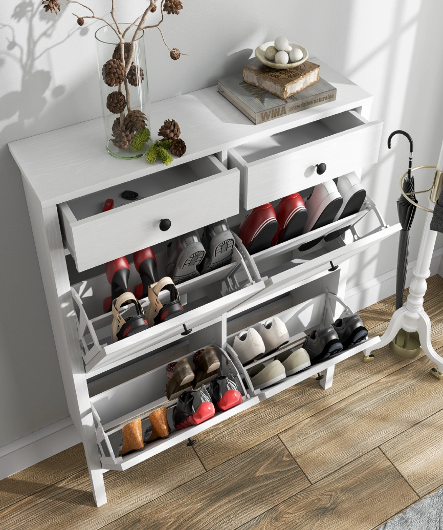 Hunerica Melora 4 kapaklı 2 çekmeceli ayakkabılık -Wood Beyaz-Minifiks Bağlantılı