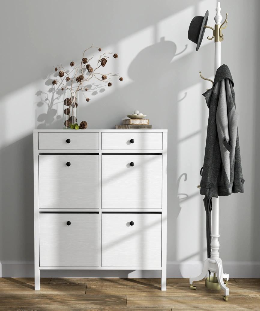 Hunerica Melora 4 kapaklı 2 çekmeceli ayakkabılık -Wood Beyaz-Minifiks Bağlantılı