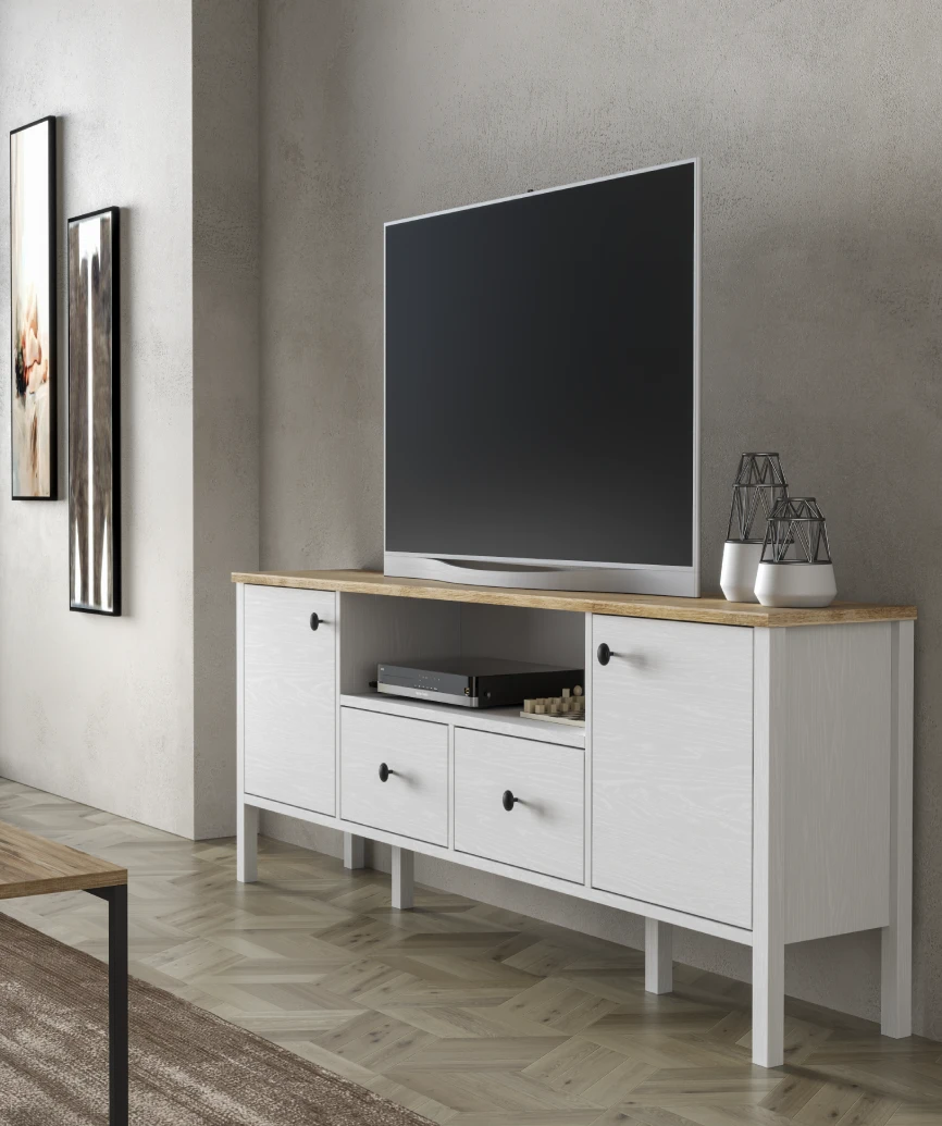 Hunerica Elaren 2 Kapak 2 çekmeceli tv ünitesi -Wood Beyaz-Minifiks Bağlantılı - Görsel 3