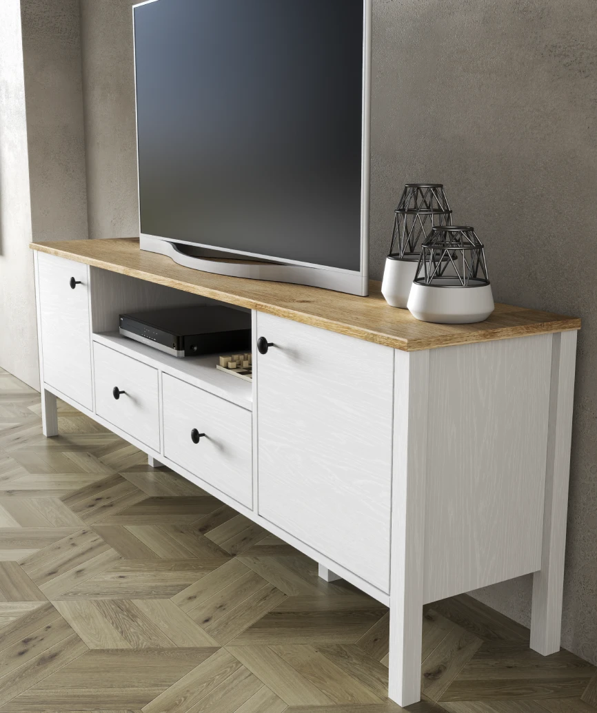Hunerica Elaren 2 Kapak 2 çekmeceli tv ünitesi -Wood Beyaz-Minifiks Bağlantılı - Görsel 4