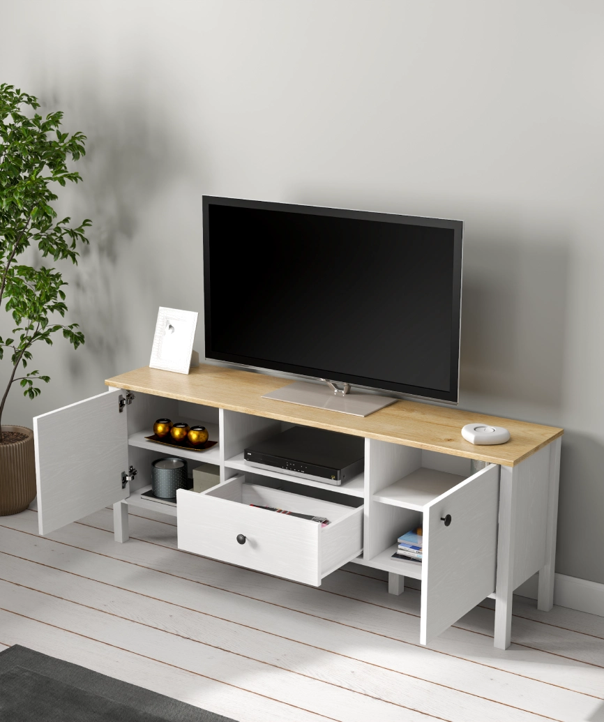 Hunerica Malva 2 Kapaklı1 Çekmeceli tv ünitesi-Wood Beyaz-Minifiks Bağlantılı - Görsel 4