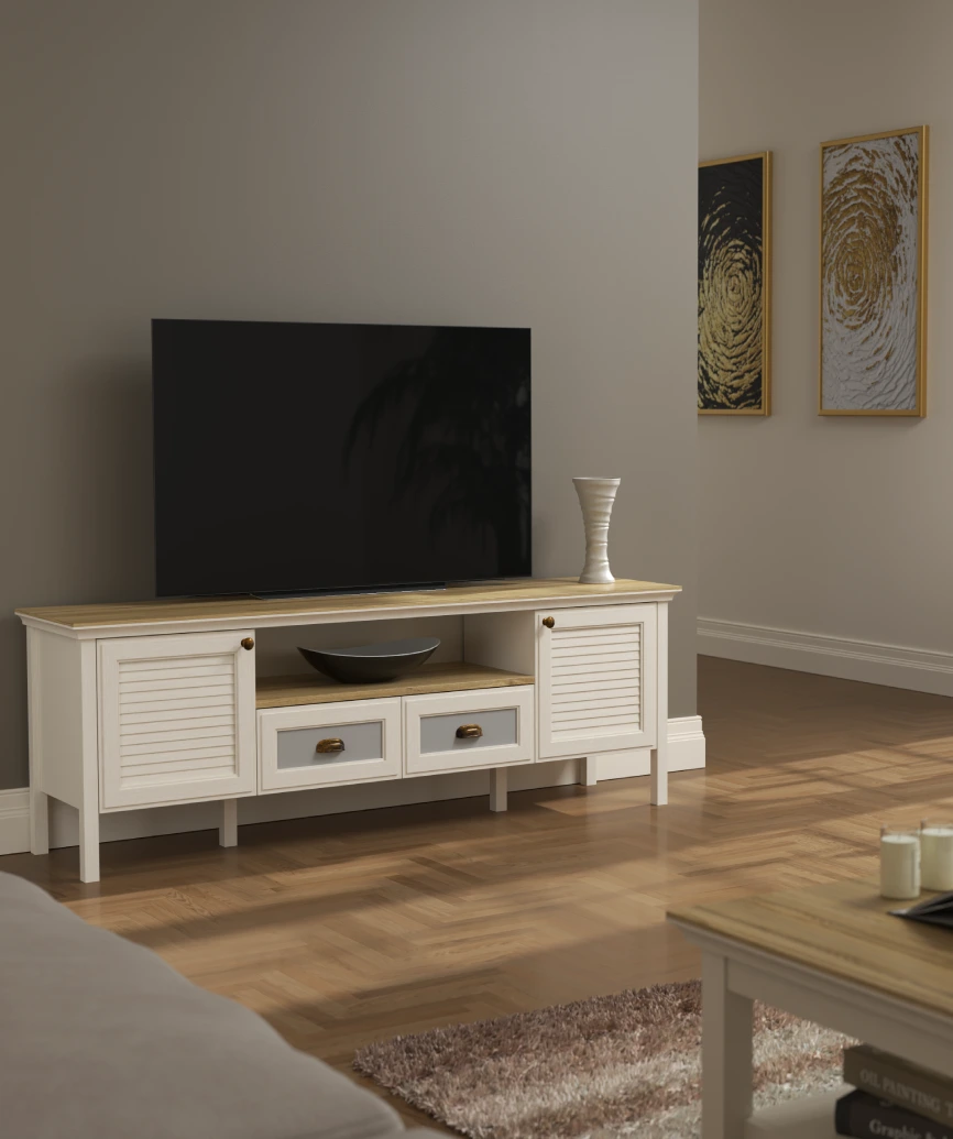 Hunerica Tilio Premium 2 Çekmeceli 2 kapak tv ünitsi -Legnano/krem Minifiks Bağlantılı - Görsel 4